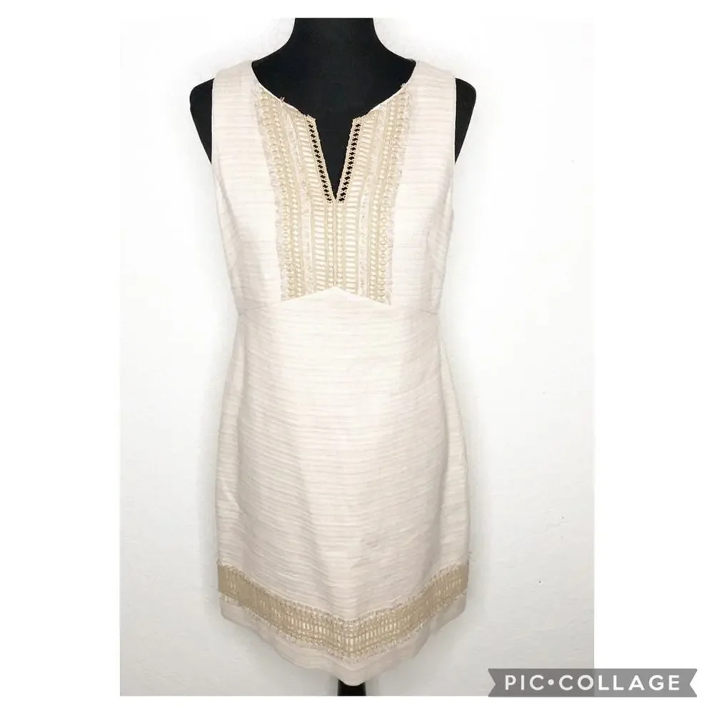 WHBM tan cream fringe trim linen blend sleeveless sheath dress size 8